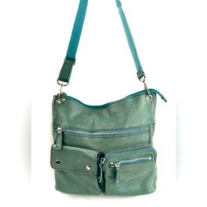 Fossil Green Textured Leather Medium Shoulder Bag 3 Front Pockets Purse ZB2343